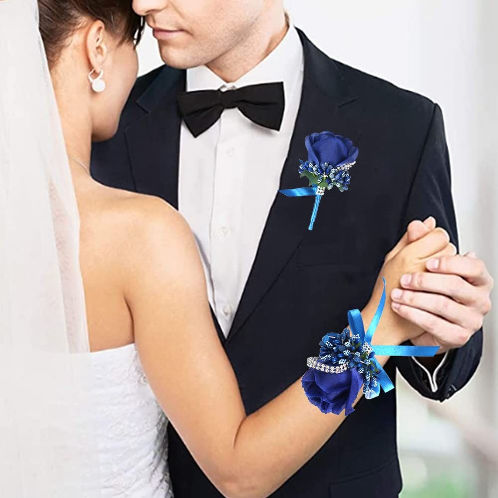 2 PCS Rose Wrist Corsage And Boutonniere Set Blue Wedding Prom Hand Flower