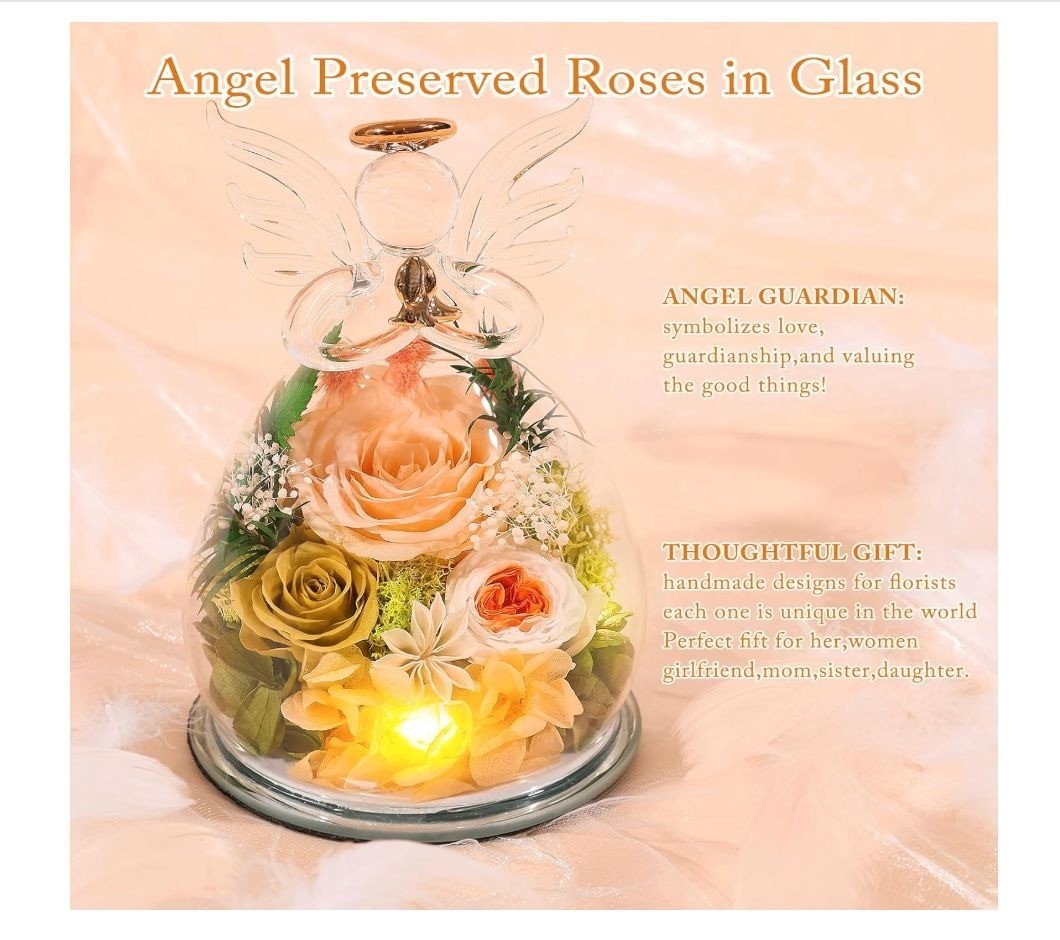 Gifts for Women Birthday Preserved Rose Forever Flower in Glass Angel Figurines