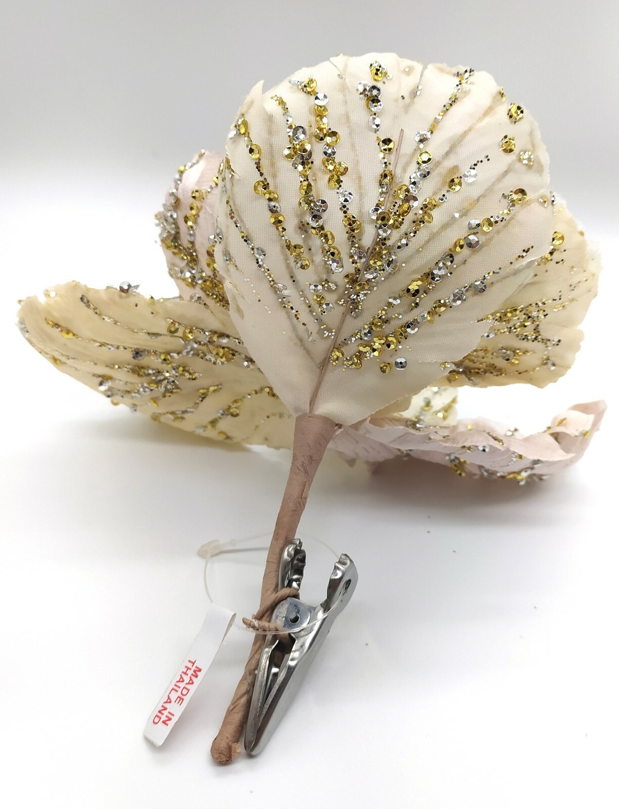 F011 Cream Hibiscus Glittered Clip On Christmas Decoration Artificial Flower