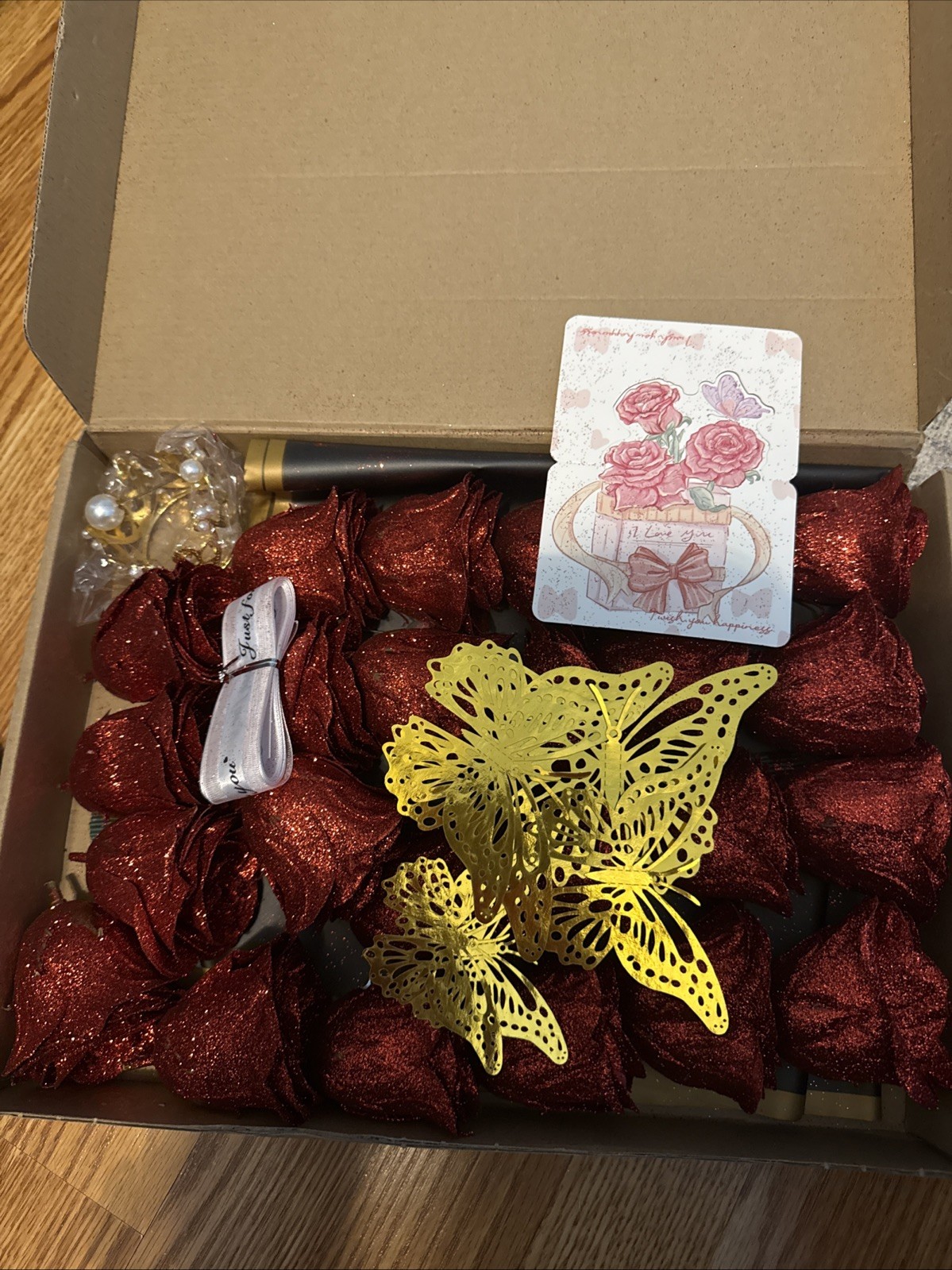 Red Glitter Roses Bouquet, 24 Pcs Shiny Glitter Flowers Bouquet, Everlasting Art