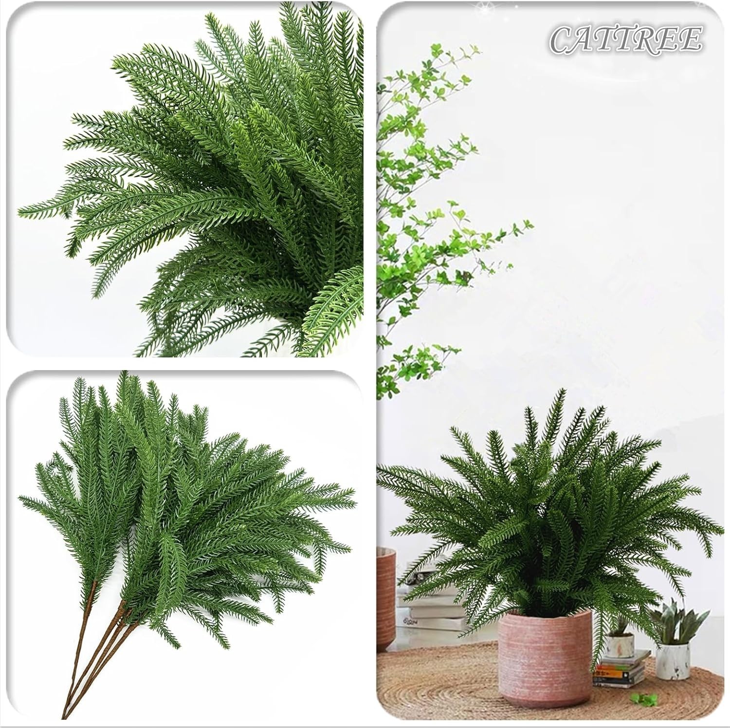 Lifelike Norfolk Pine Stems – 4-Pack 18 Inch Faux Greenery for Home Decor