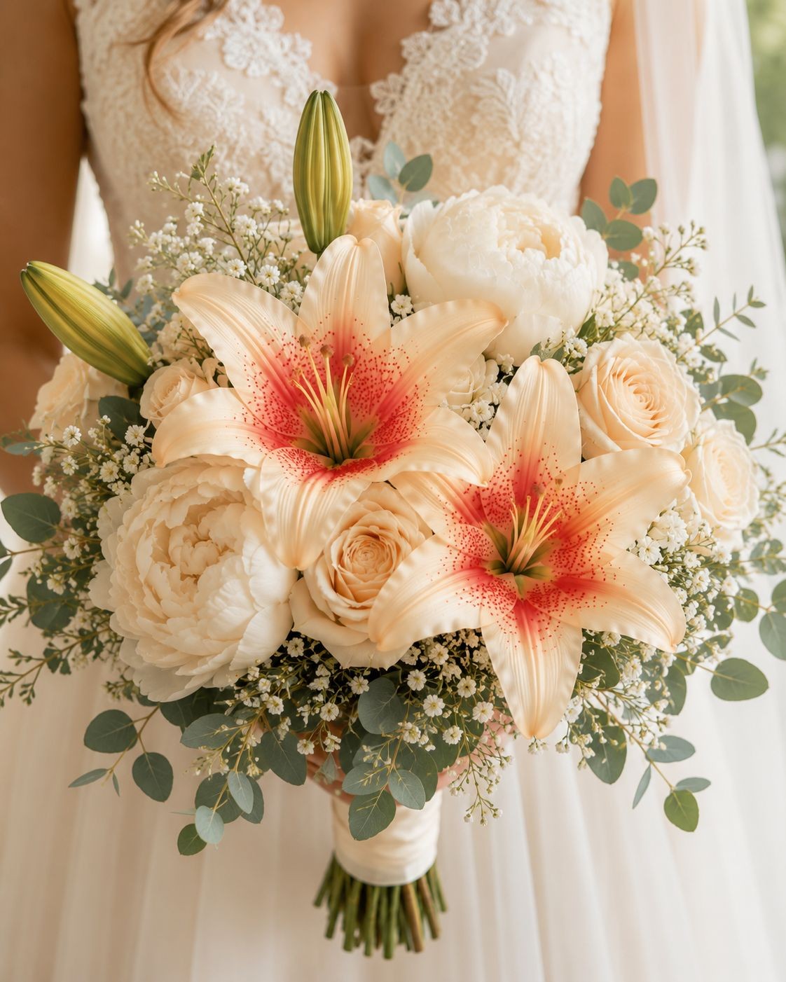 Real Touch Coral Peach Lily Stems Set of 2, Artificial Lily Flowers, Faux Floral
