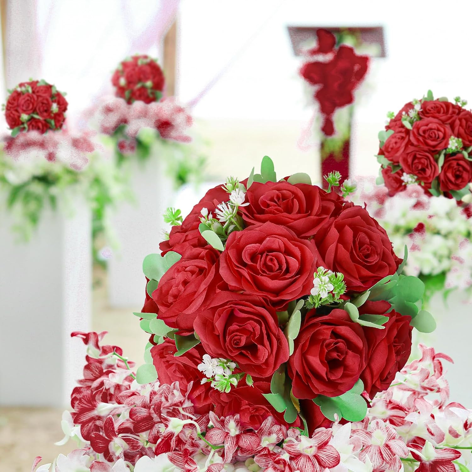 Red Rose Silk Flower Ball Centerpieces – 10 Pack for Weddings & Events