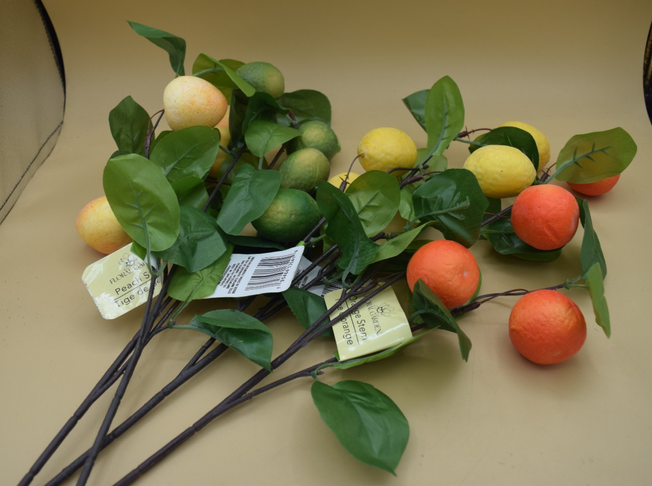 4 Artificial Faux Floral Lemon, Peach & Orange Stems For Crafts Floral Decor
