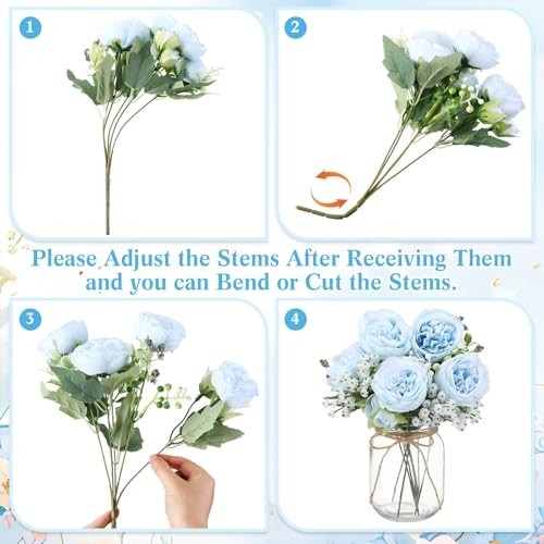 12 Sets Mason Jar Centerpiece Decor, Faux Peony & Baby’s Breath Bouquets, Rustic