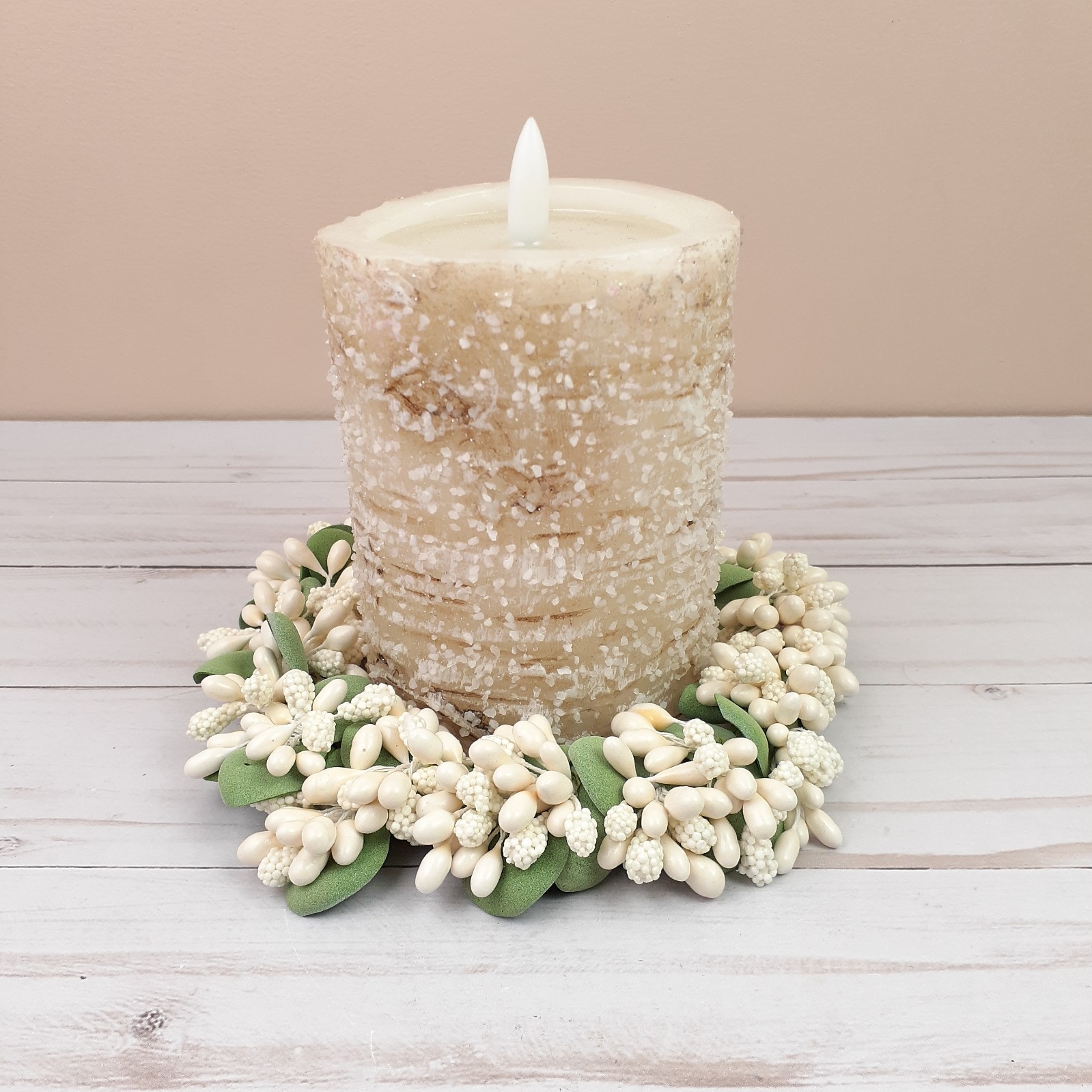 Ivory Pip and Millet Berry Candle Ring Green Leaves 3.5 inch inside