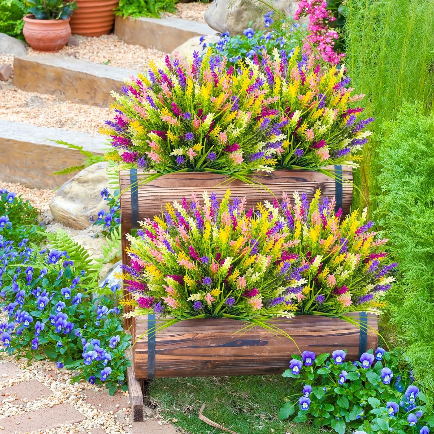 N&T NIETING 10 Bundles Artificial Plants Outdoor Fake Monkey Grass with Flowers