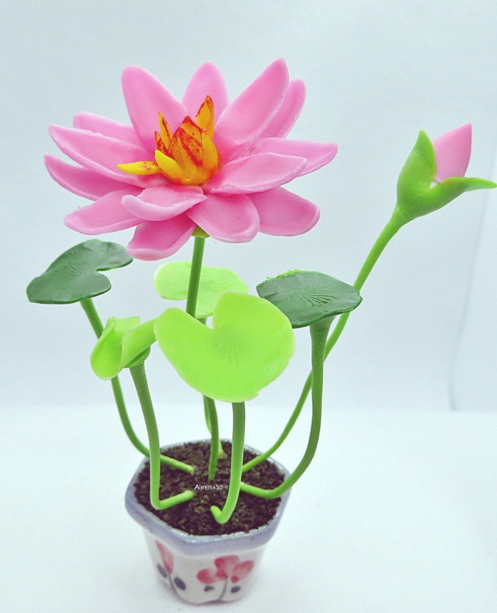 4″H Handcrafted Miniature Clay Lotus Flower Varieties Arranged in Pot | US Stock