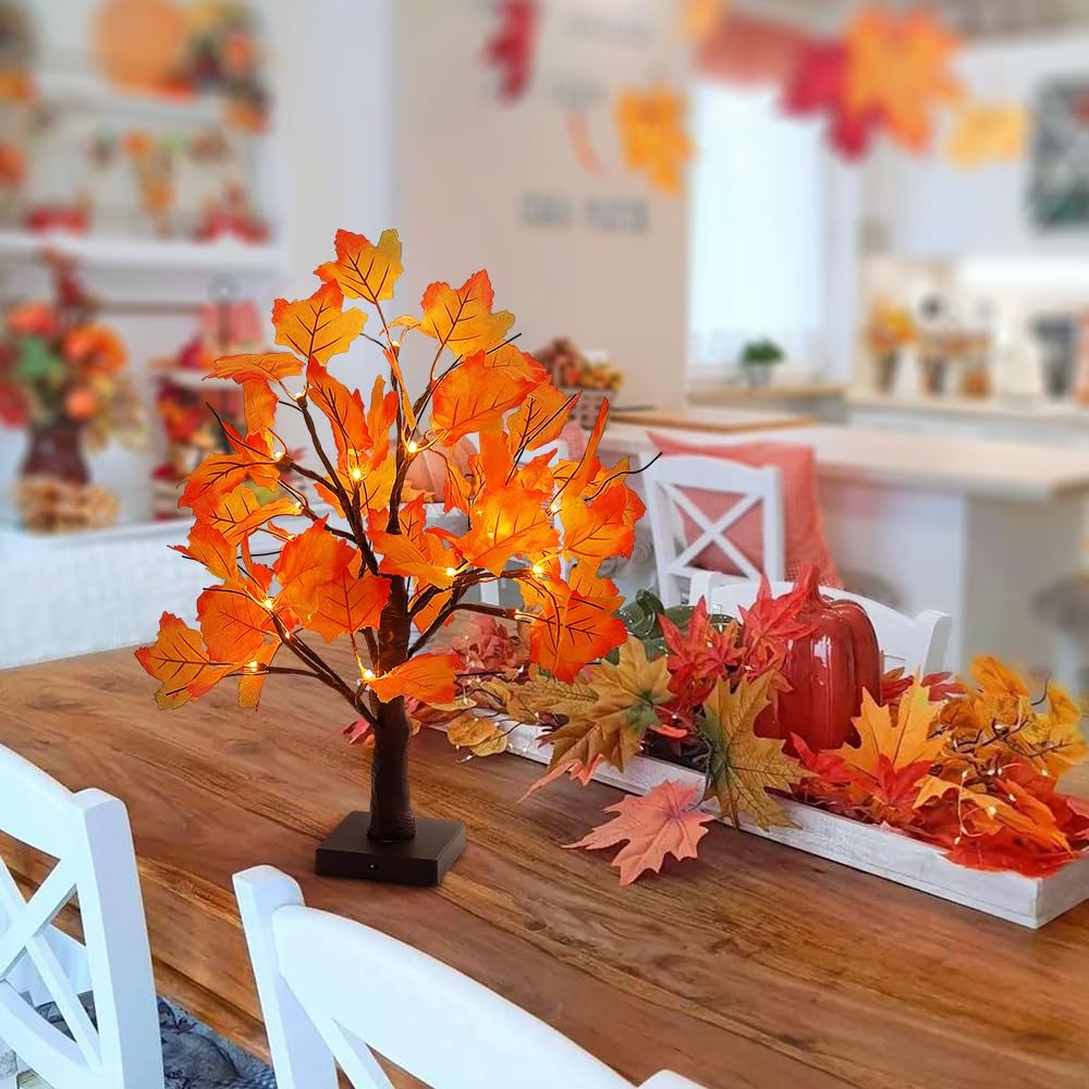 Woohaha 24LED Fall Tree Lighted Maple Tree,Thanksgiving 1ft 8in, Orange