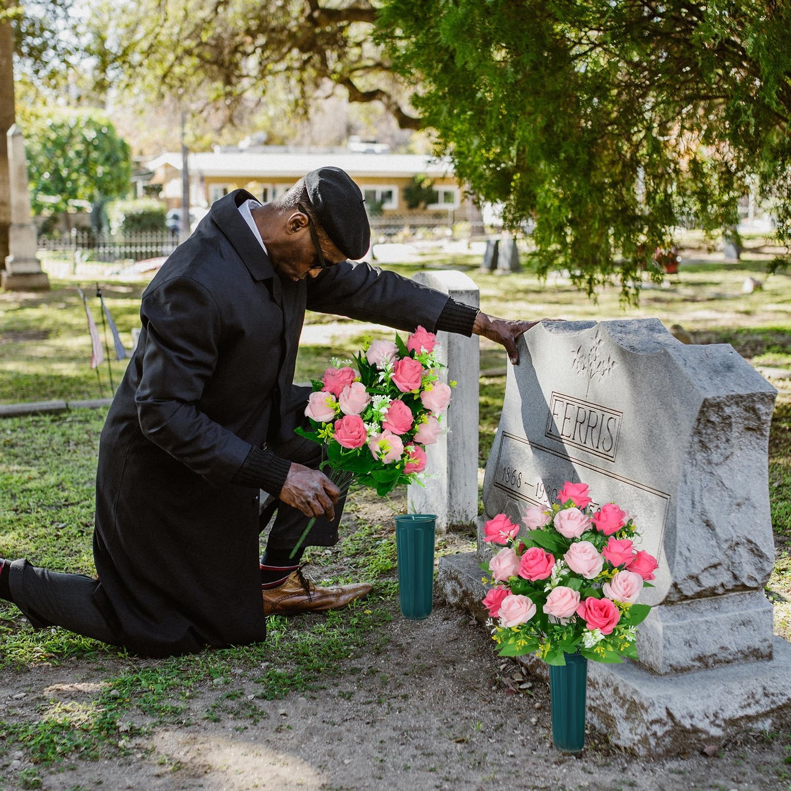 Artificial Cemetery Flowers with Vase, Headstone Flowers Rose Bouquet, Graveyard