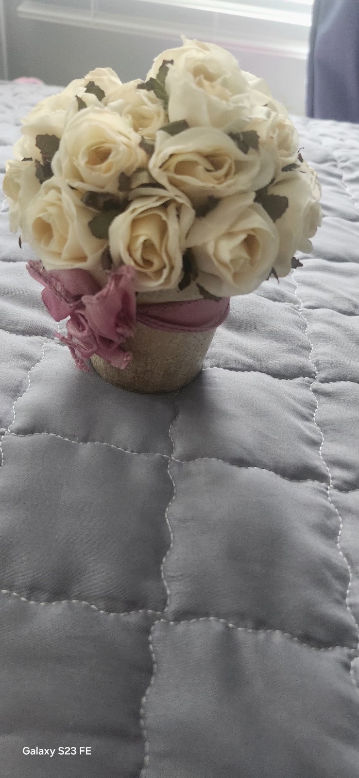 Artificial Cream Rose Arrangement in Pot with Pink Ribbon, Silk Flower Bouquet
