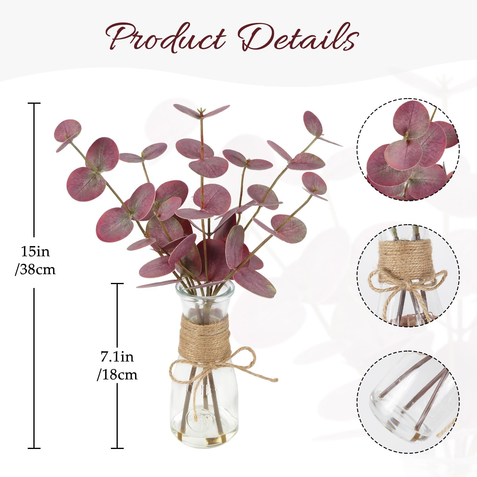 Fake Eucalyptus Stems in Vase with Faux Water, 15’’ Artificial Eucalyptus Lea…