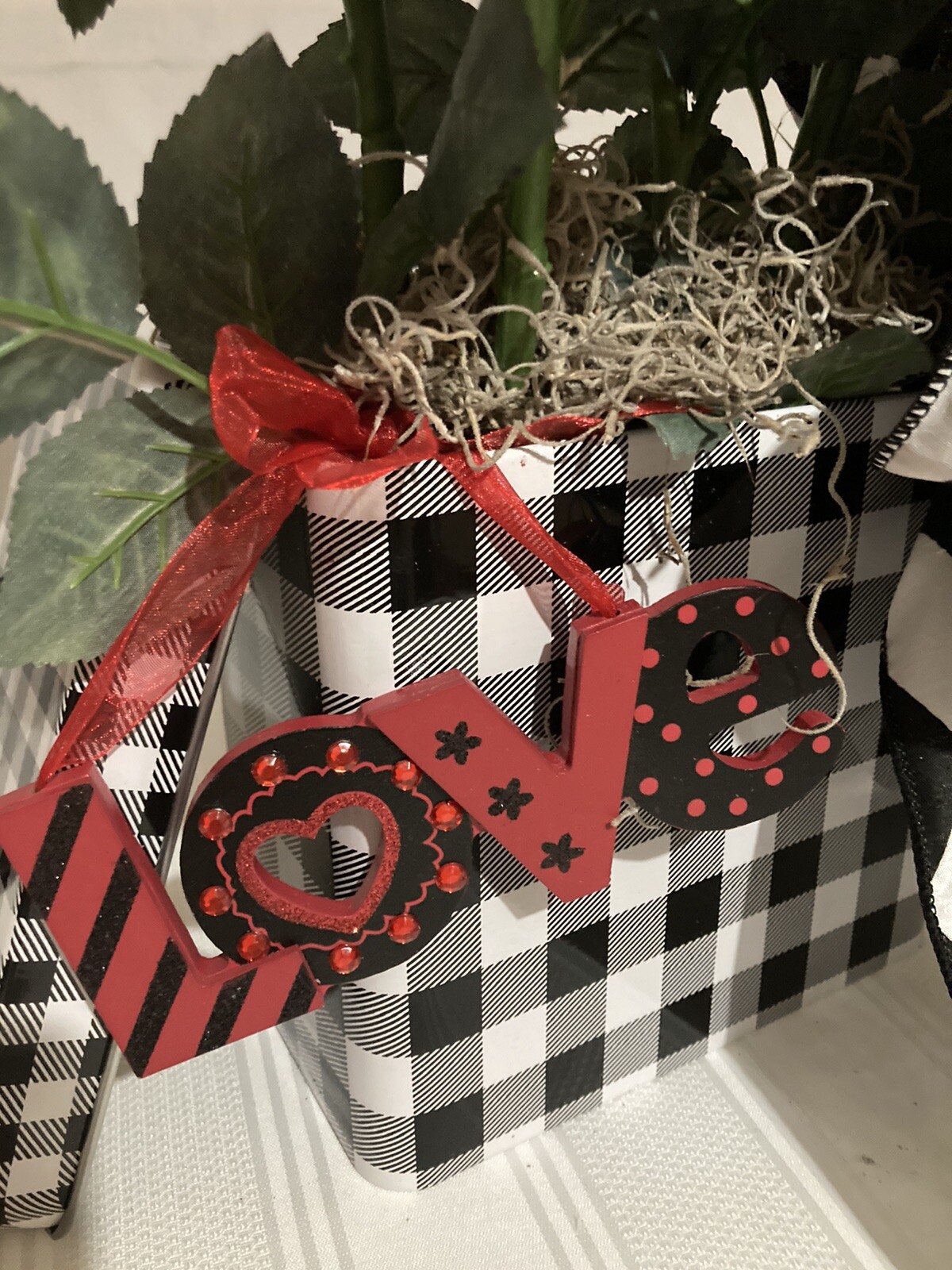 Valentine Red Roses With Black & White Checked Container