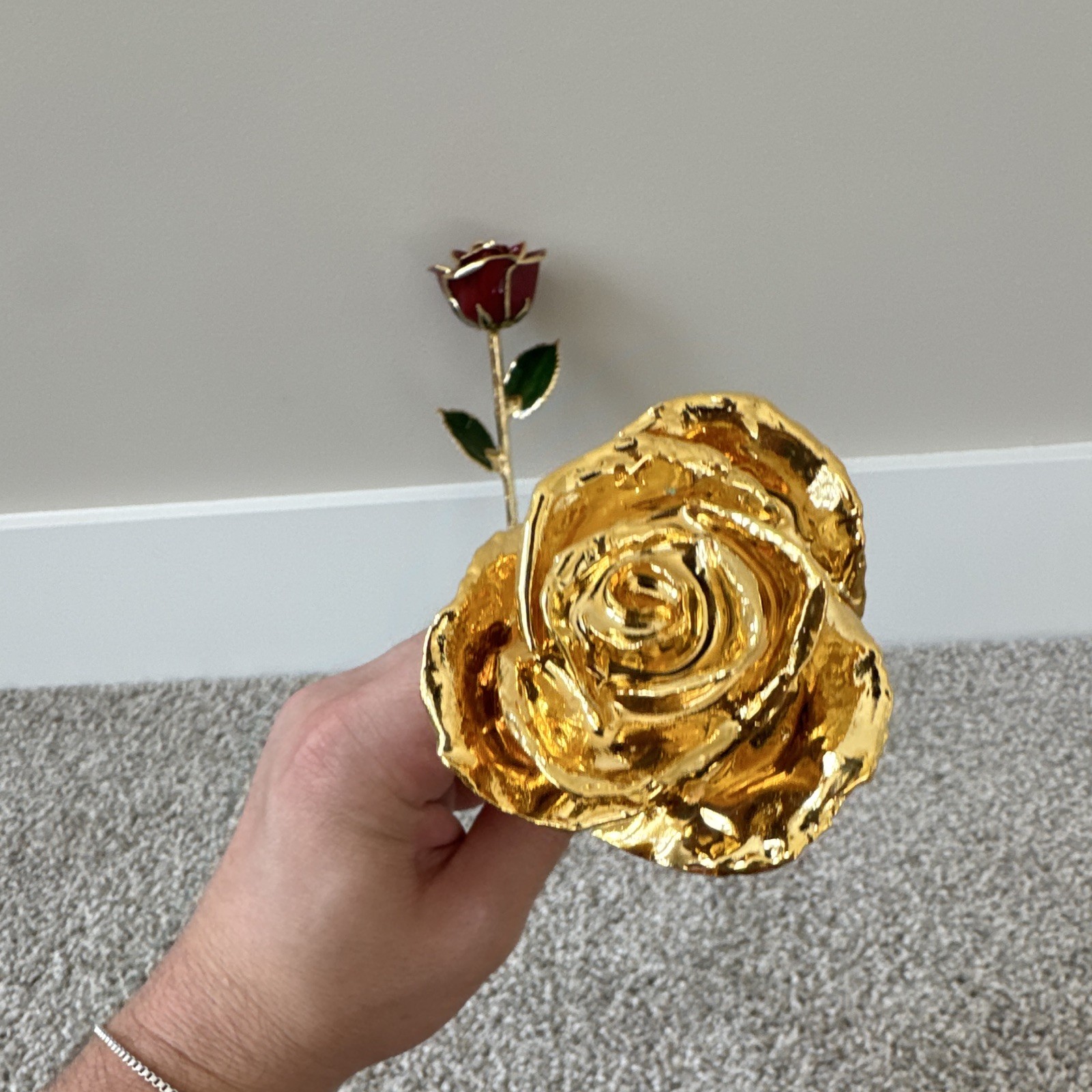 Gold Plated Artificial Rose Flower Stem Wall Decor 2pc Gold Red Green Floral