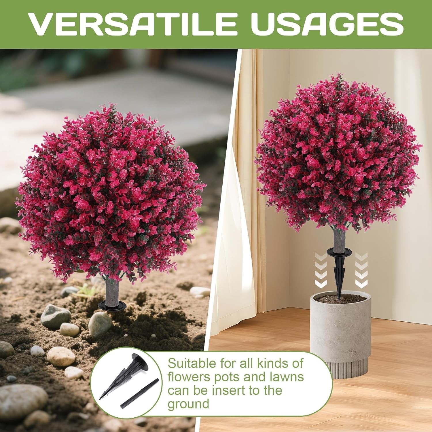 Artificial Red Eucalyptus Topiary Ball Tree 24″ with Ground Spike, Set of 2 A…