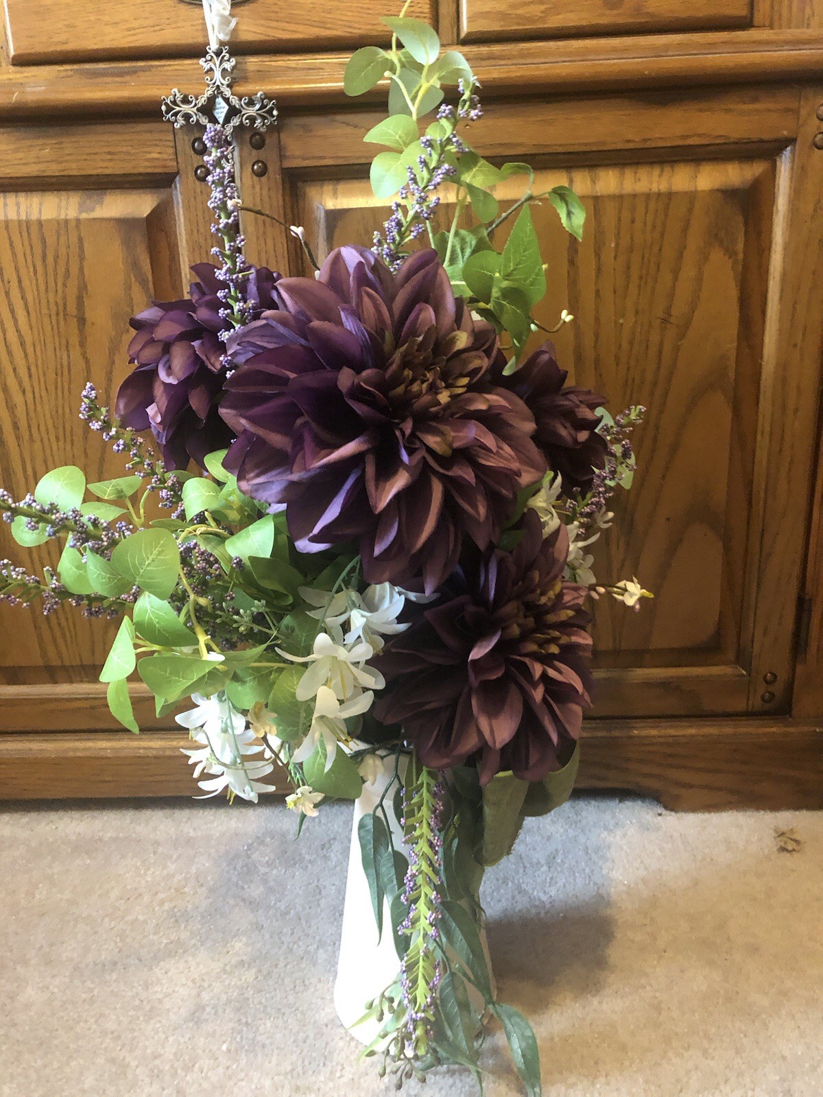 Floral Centerpiece/Side Table Decor, 26” Tall By 18” W Maroon Purple,Grn, White