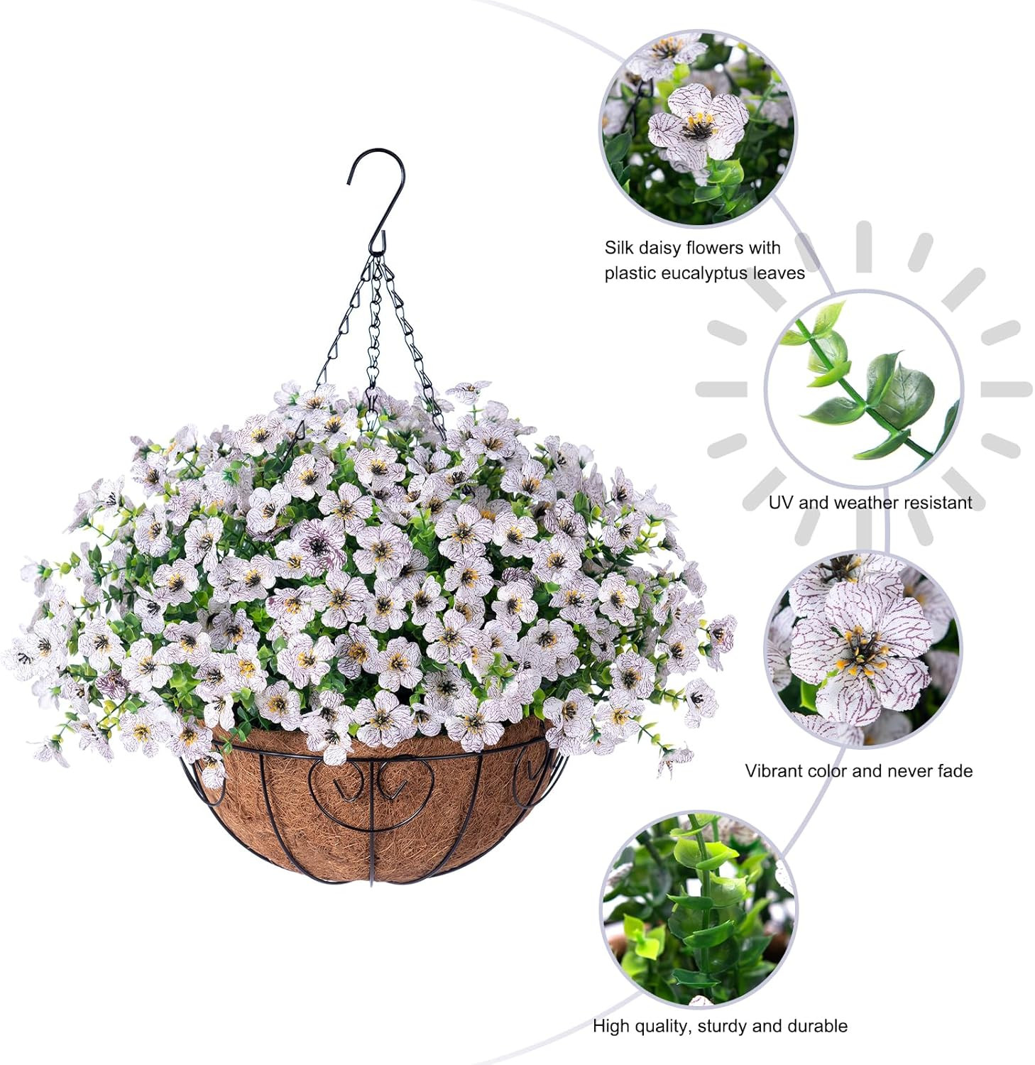 Artificial Fake Hanging White Plants Flowers Basket for Outdoor Fall Winter, Fau