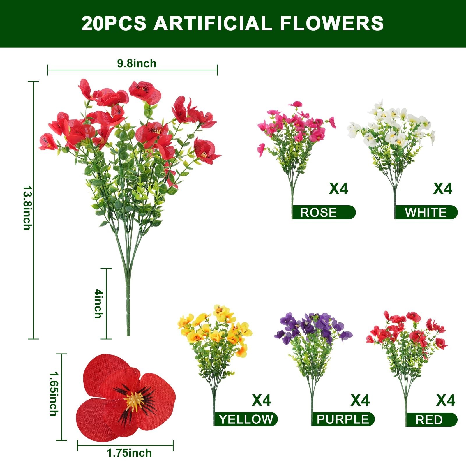 20 Pcs UV Resistant Artificial Pansies – Realistic Fake Flowers for Garden & Pat