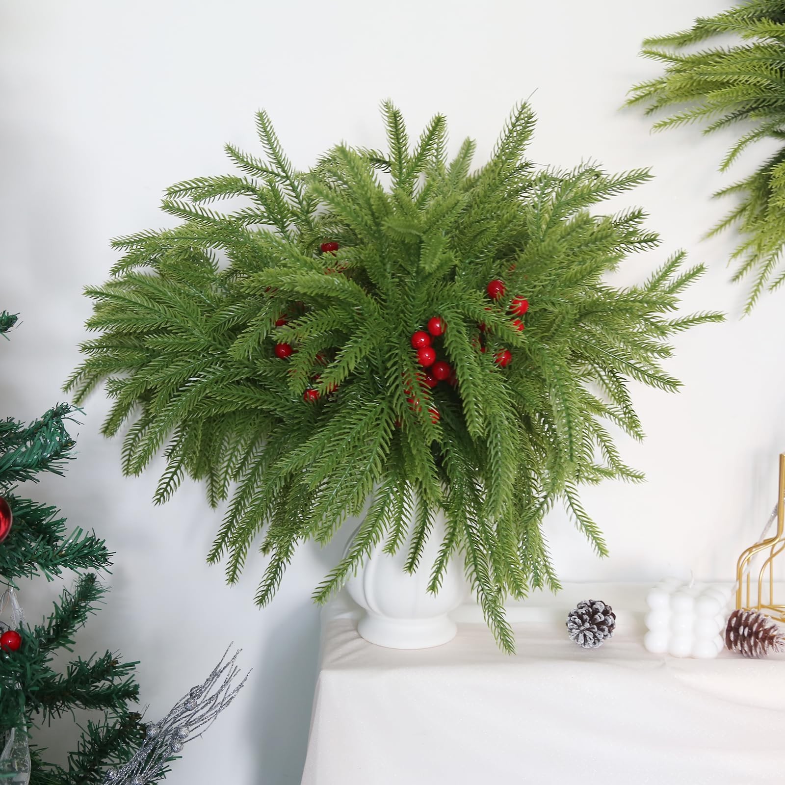 Christmas Norfolk Pine Branches with Red Berry 17.8″ Artificial Greenery Picks