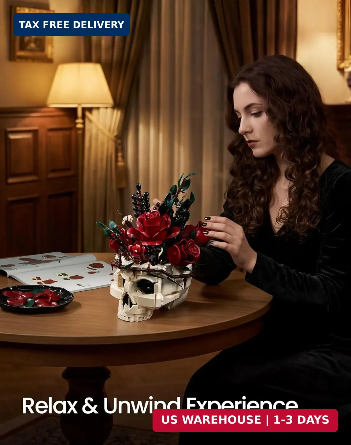 Gothic Skull Rose Flower Bouquet Building Set – Horror Skeleton Botanical Brick