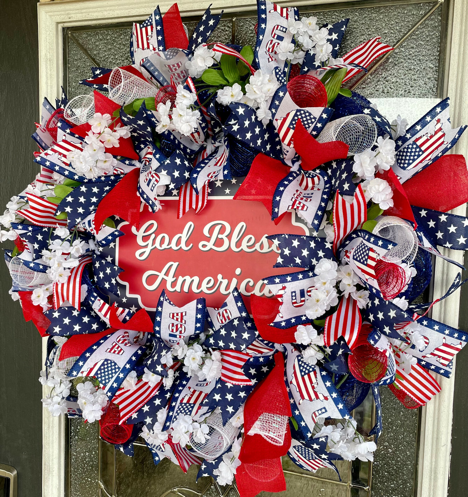 Patriotic USA God Bless America Floral 4th of July Deco Mesh Front Door Wreath