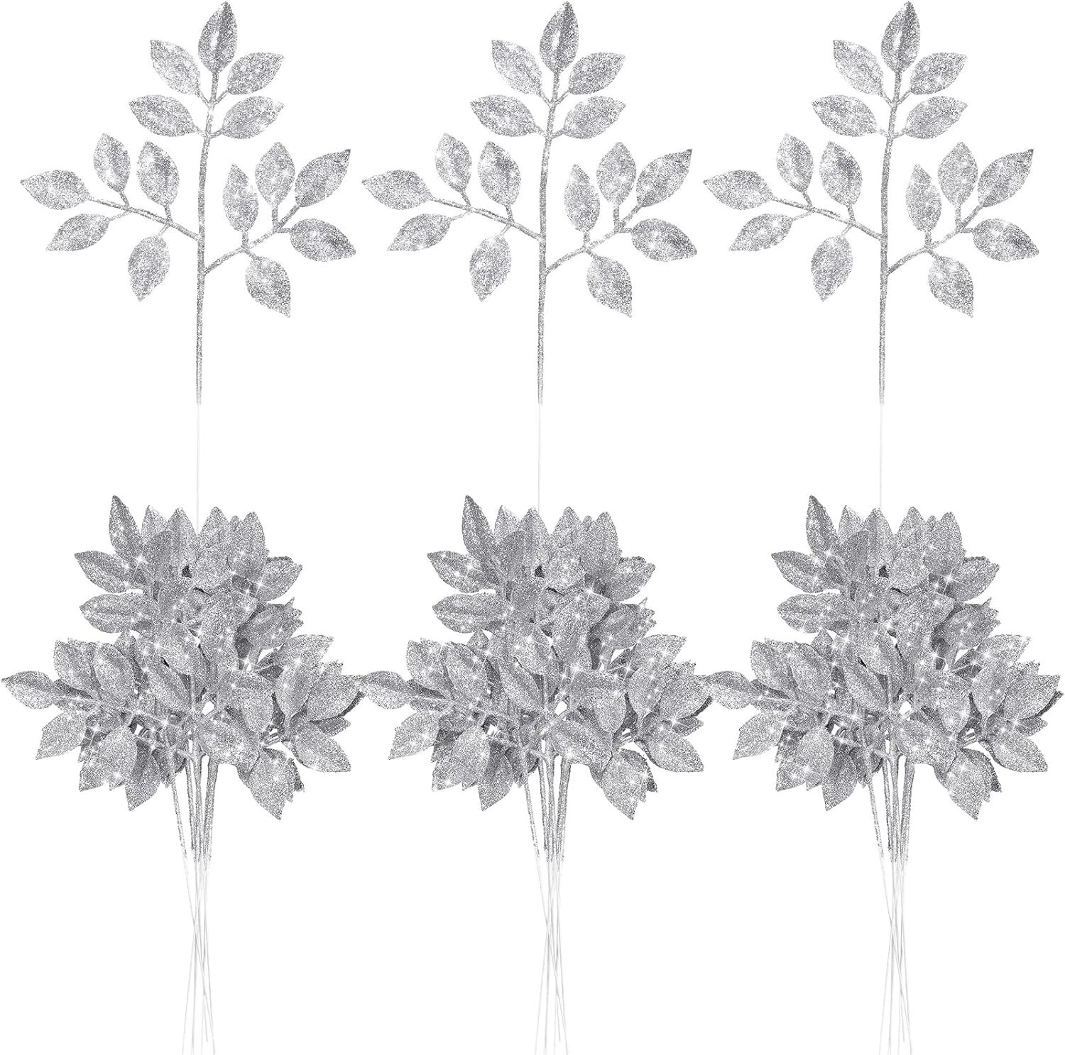 30 Pcs Christmas Glitter Leaves Picks 12 Inch Artificial Xmas Tree Silver