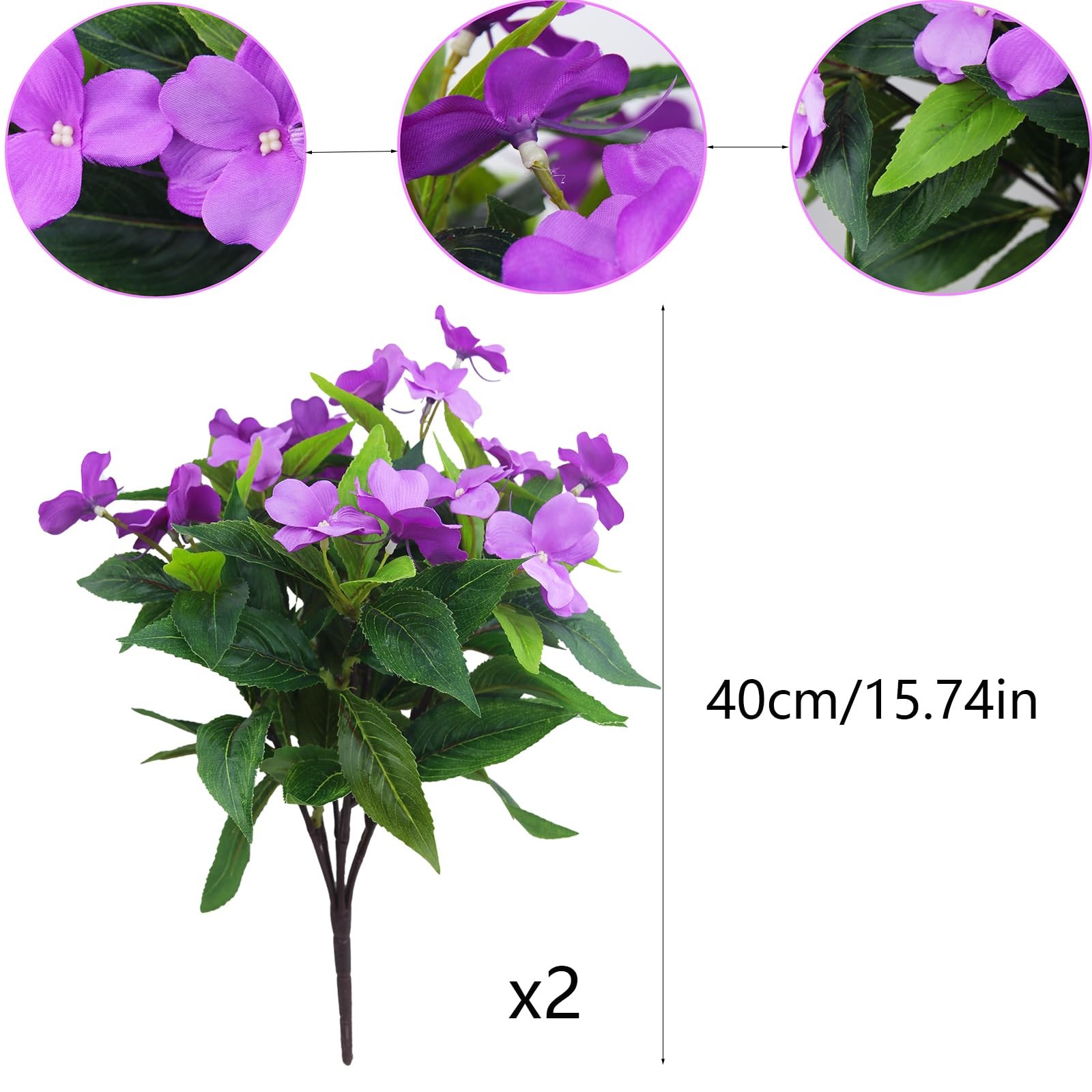 2 Pcs Artificial Purple Impatiens Flowers Outdoor Silk Faux Bush Planter Basket