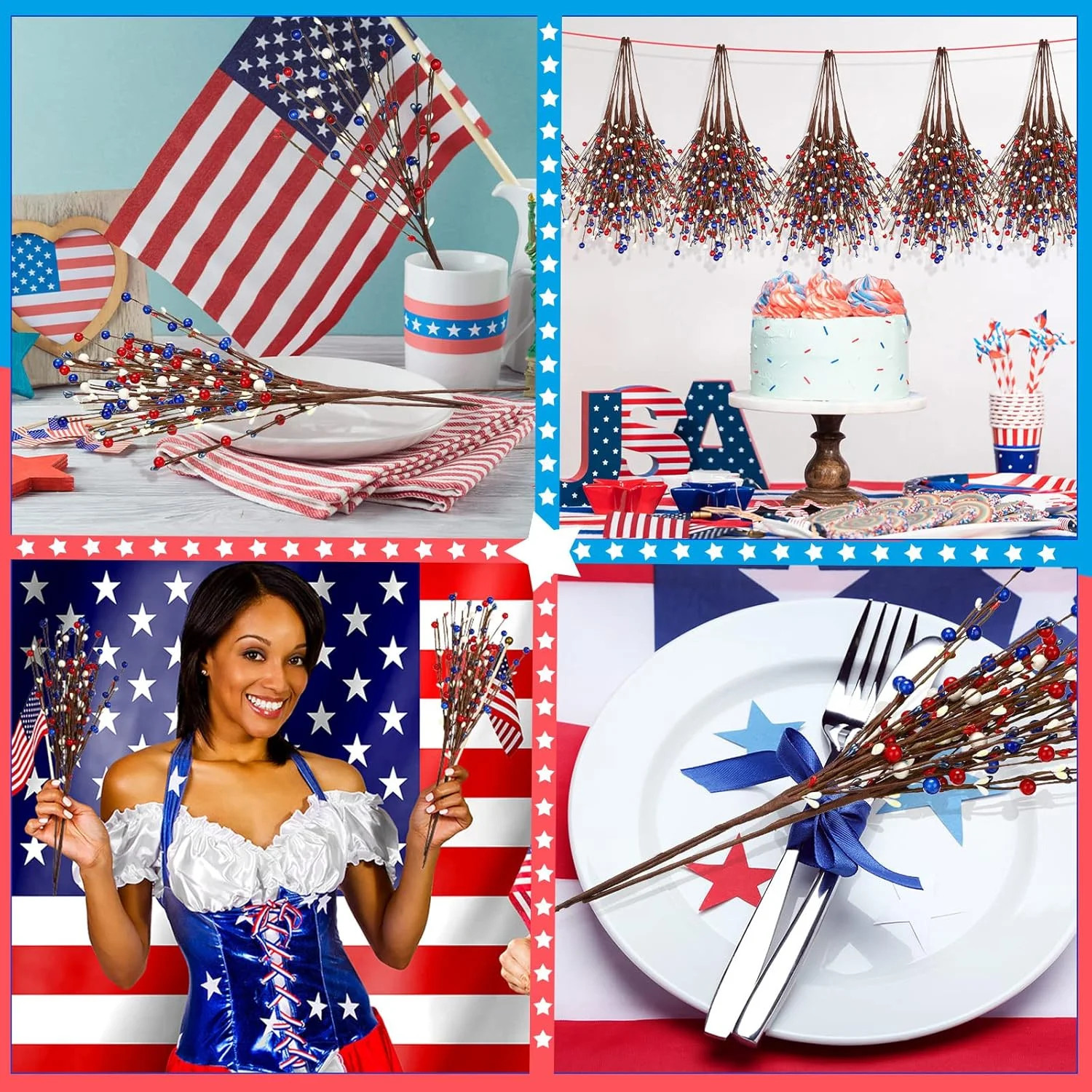 Cindeer 10 Pcs 4th of July Floral Picks Red White and Blue Centerpieces Decor Pa