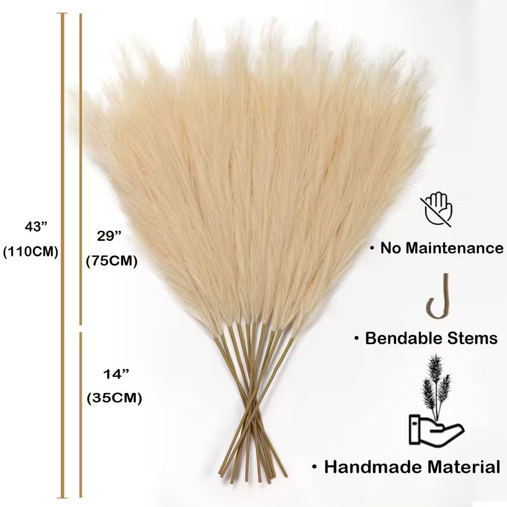 4 in Beige Artificial Plant Faux Pampas Grass 6 Piece Minimalist Elegant Boho Fl