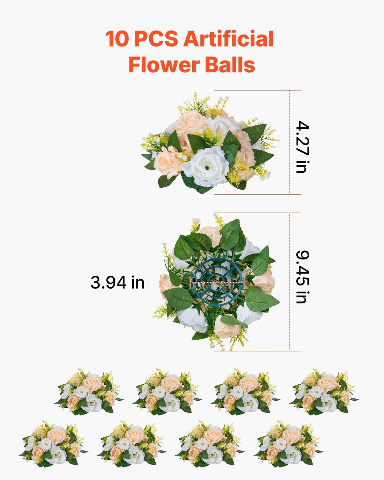 Artificial Champagne White Rose Balls 9.5in, 10 Piece Faux Floral Centerpiece