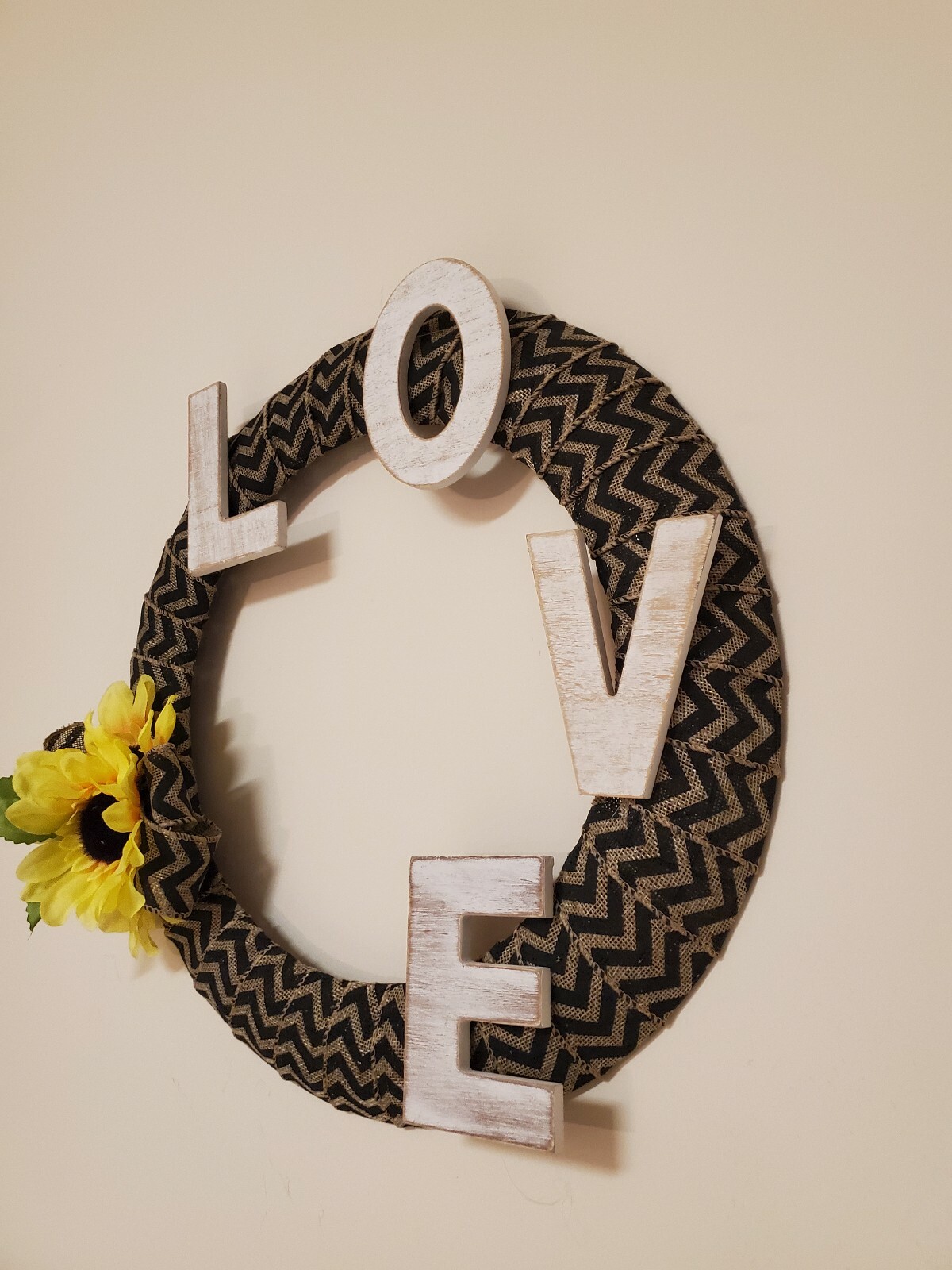 LOVE wreath FLOWERS Sunflowers black beige burlap FALL autumn Decor Front Door
