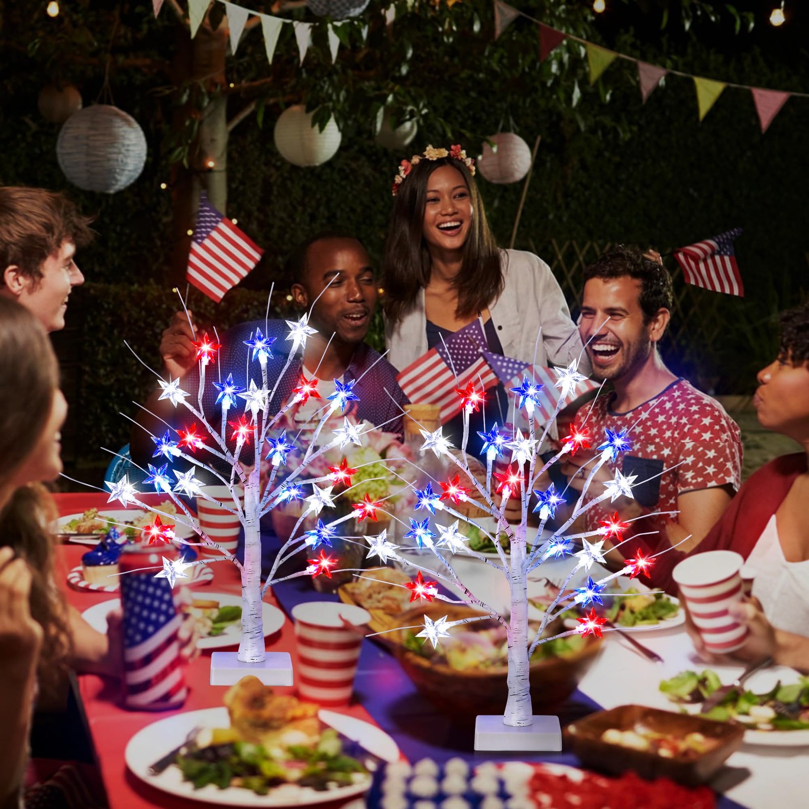 2 Pack 18″ 4th of July Patriotic Tree Lights with 24 LED Red White Blue Star …