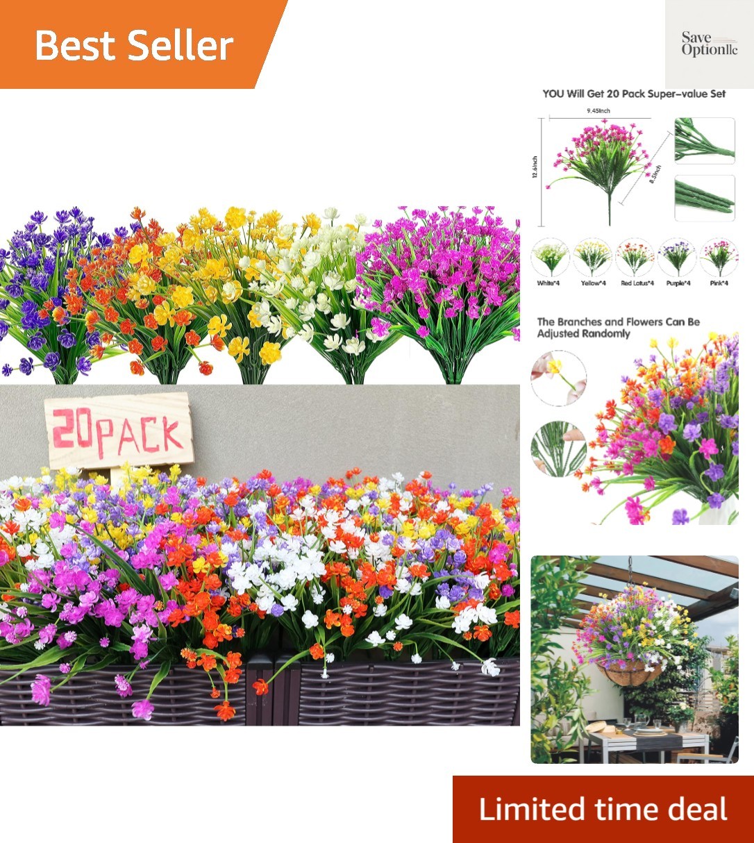 20 Bundles Artificial Fake Flowers, UV Resistant Faux Flowers Arrangement, Fa…