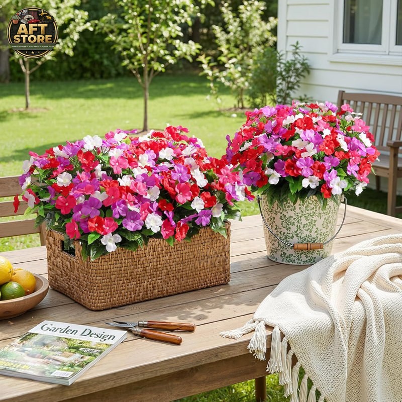 Primrue 8 Bundles Faux Silk Impatiens Flowers – Red, White, Purple