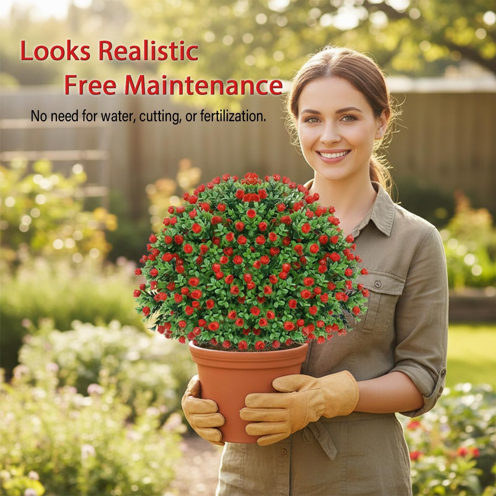 24’’ Artificial Boxwood Topiary Ball Tree with Rose – Set of 2 Artificial Shr…