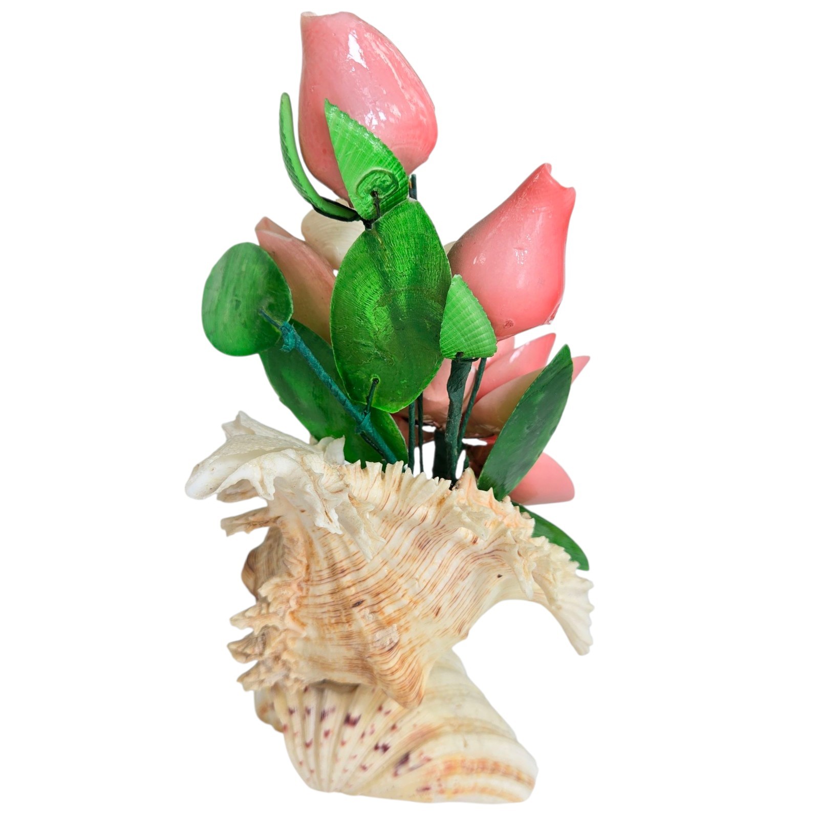 Vintage Seashell Flower Arrangement Pink Green Bouquet Decor Tropical Cottage