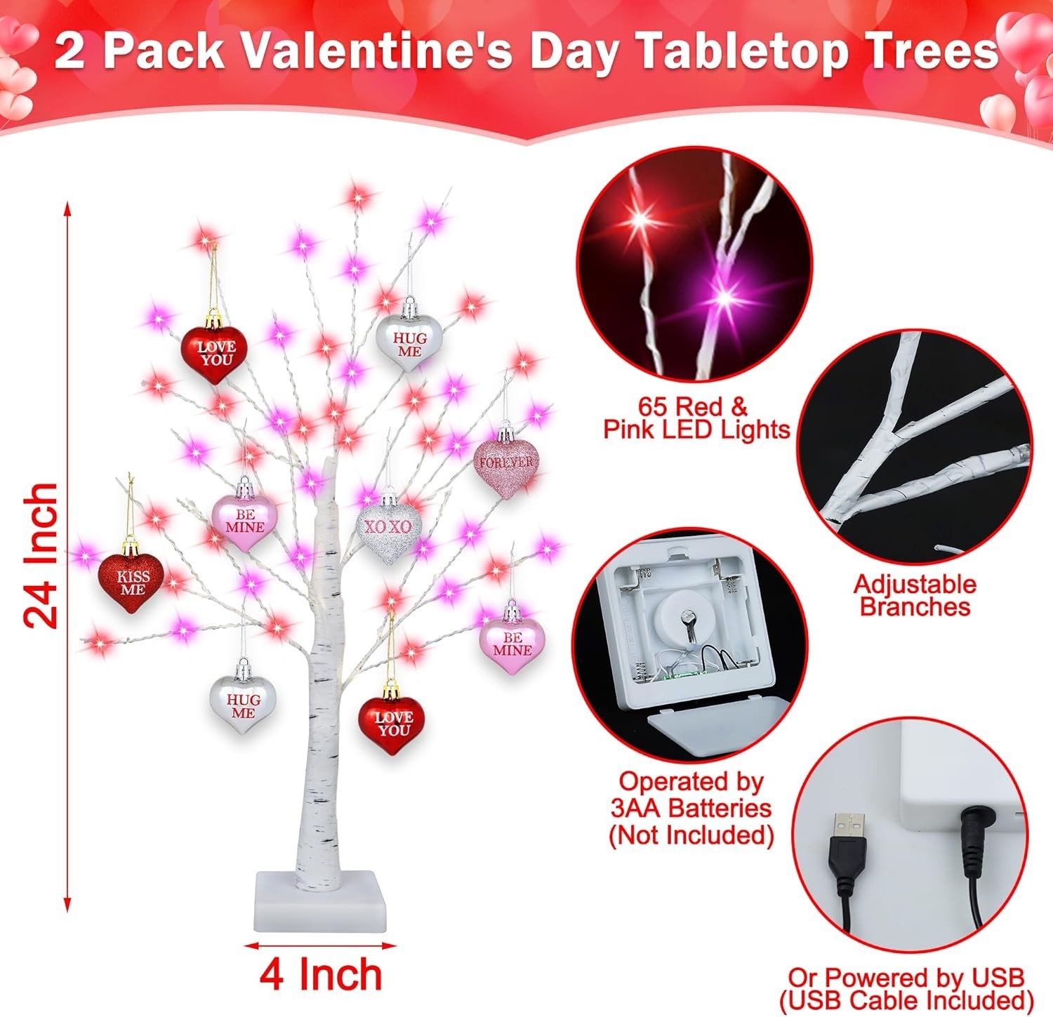 2 Pack 24in Valentine’s LED Tree with 65 Lights, Timer, USB & Battery, 18 Hearts