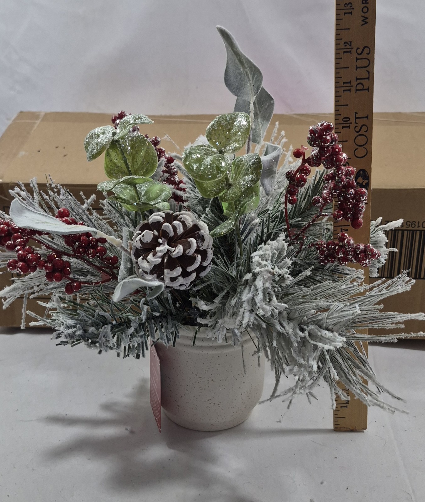 Case Of 4 Holiday Centerpiece Vase Flocked Pinecone & Red Berry Mix Ashland