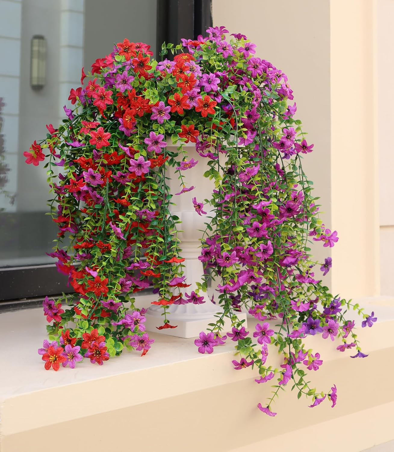 Artificial Hanging Flowers for Outdoors, 4 Pack Fake Hanging Plant for Spring Su
