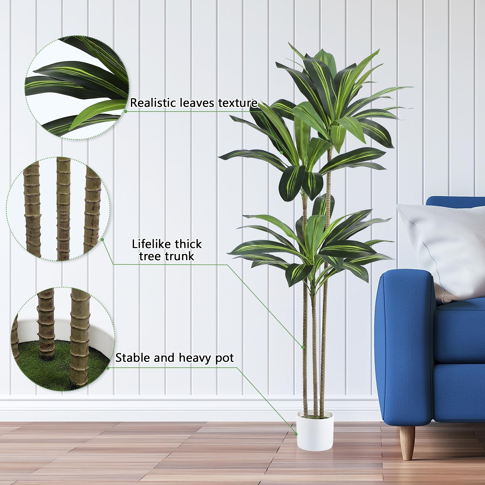 Artificial Dracaena Tree 5FT Fake Plant with White Small Planter Faux Silk Ta…