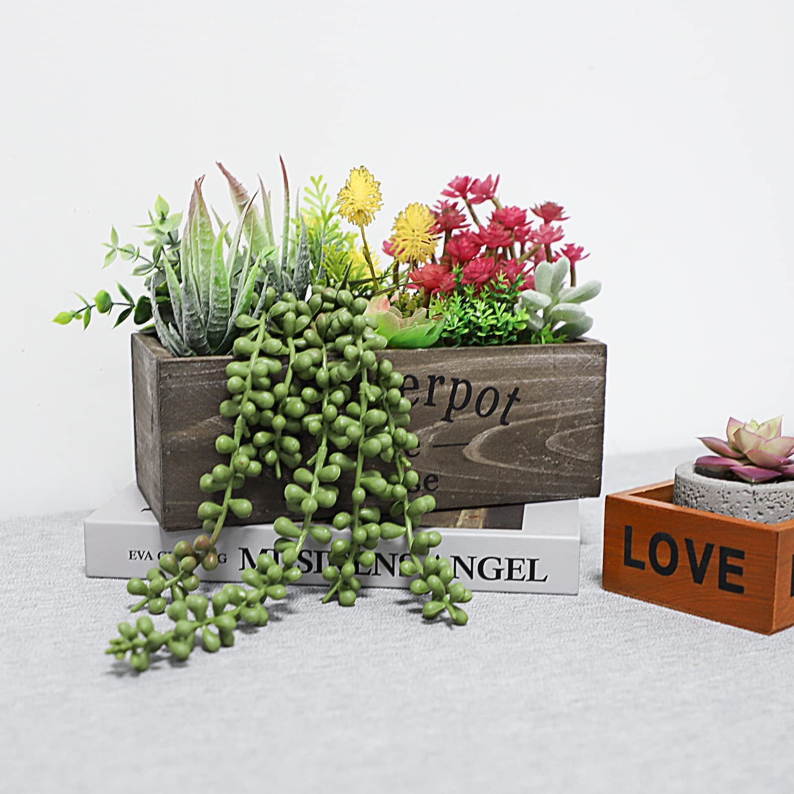 Artificial Succulent Plants Arrangement in Wooden Planter, Fake Succulents Pl…