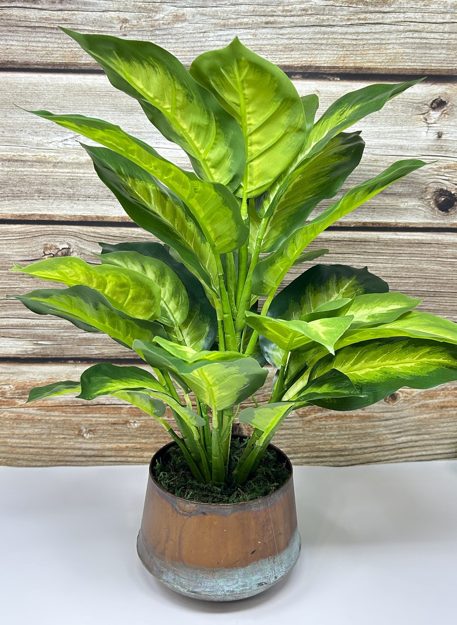18″ Lg Artificial AGLAONEMA DIEFFENBACHIA faux Silk plant in Copper Pot