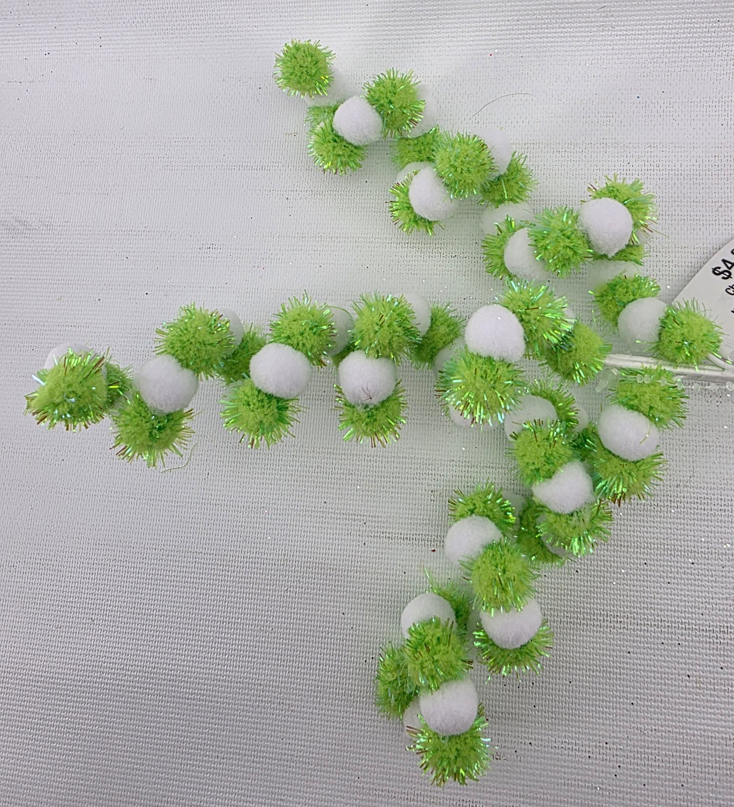 Pom Pom Spiral Picks Alternating Green and White Lot of 5 Stems 12″ Curled