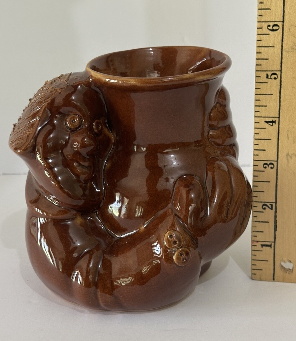 VTG handmade Russian planter Unique head Face 1941 Vase Flower Pot Brown Glaze