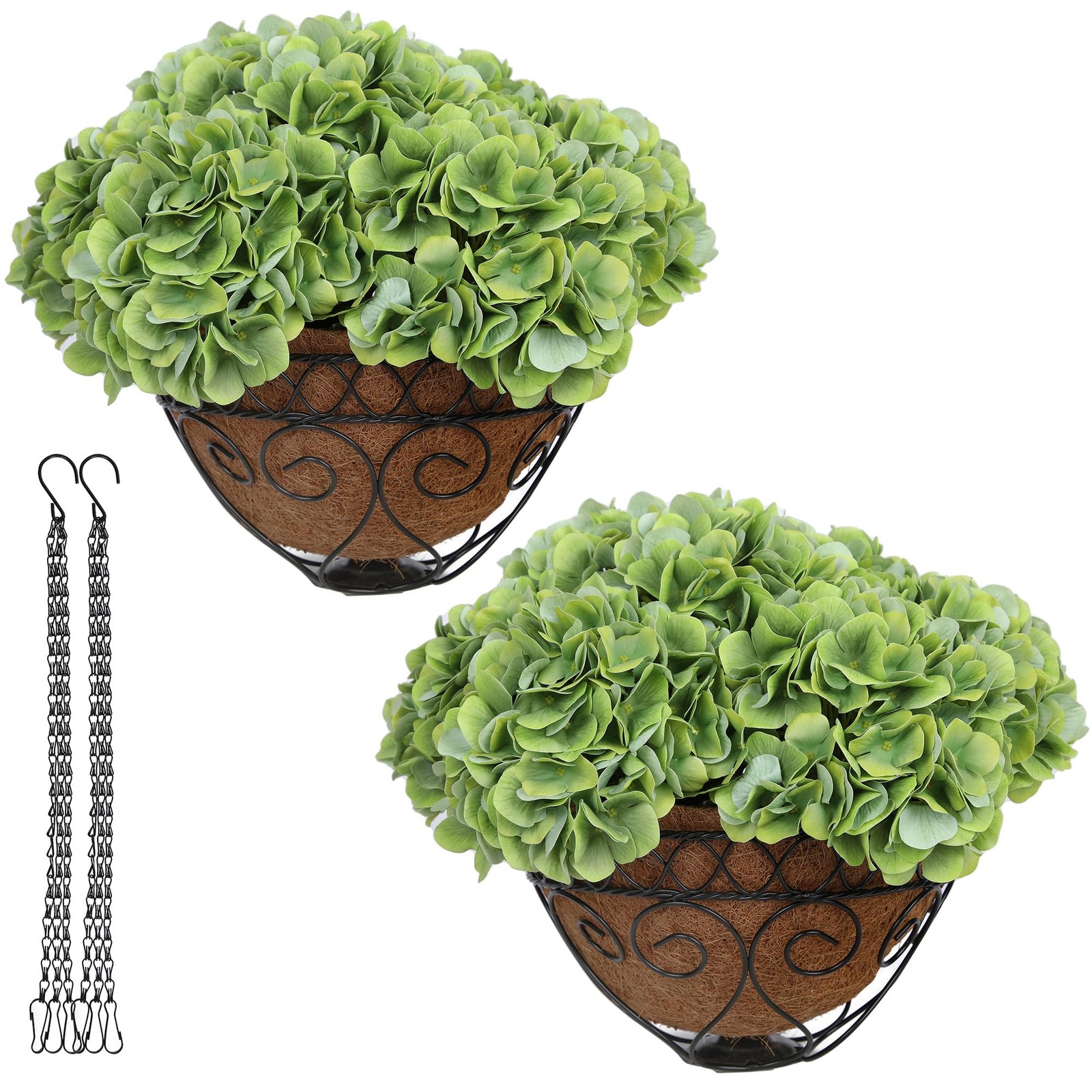 2 Pack Hanging Green Hydrangea Artificial Flowers with 11in Basket, Outdoor F…