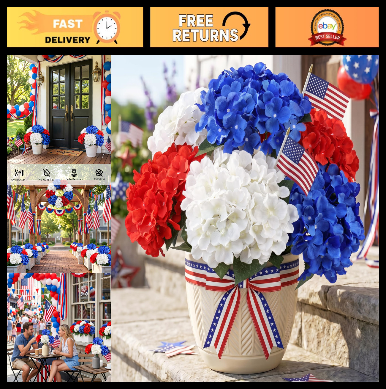 6 Bundles Patriotic Artificial Hydrangea Flowers – Red White Blue Decor for Memo