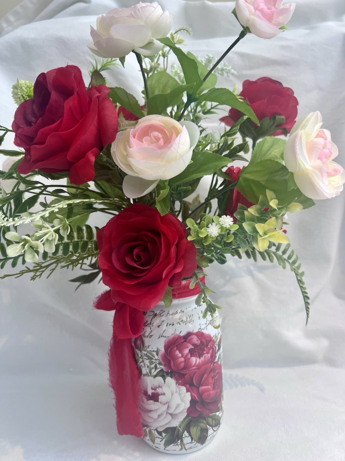 Red And Pink Roses Silk floral Arrangement in A Mason Jar Vase Home Decor