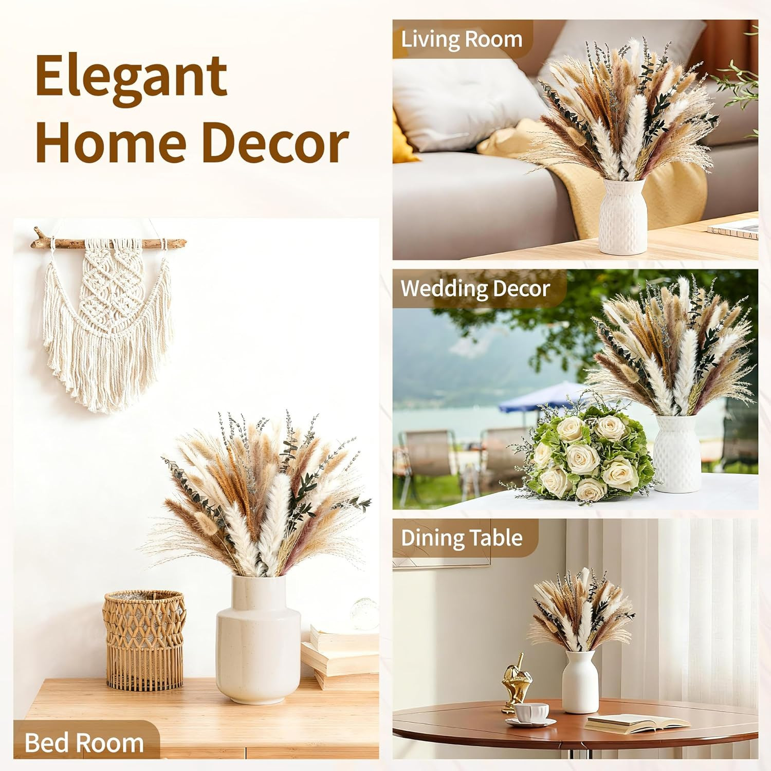 Dried Pampas Grass Bouquet – 92 Pcs 11-13 Inch Pampas Grass Decor with Bunny Tai