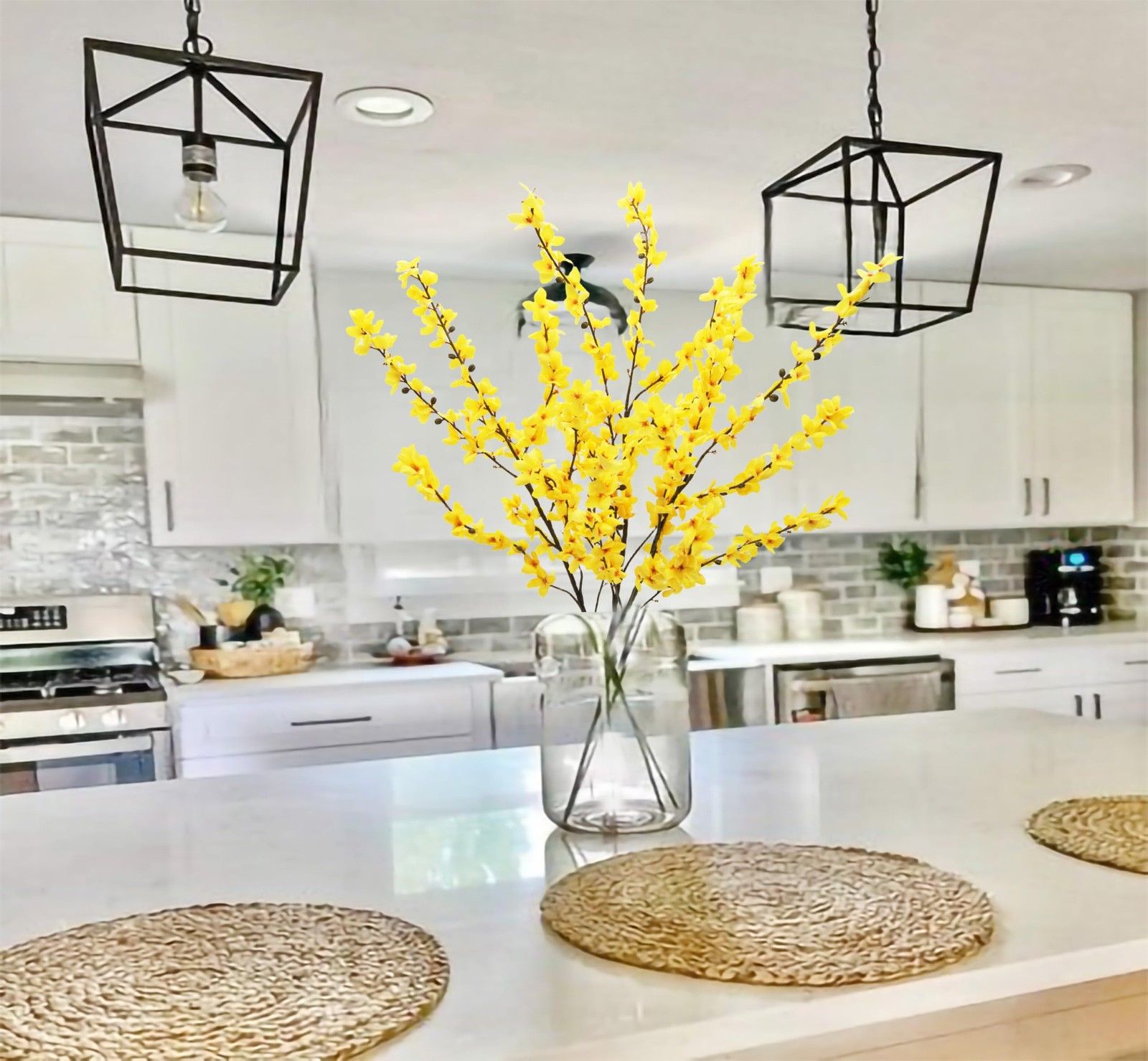FERIAL3Pcs Artificial Forsythia Flower Branches Spring Summer Yellow Silk Fak…