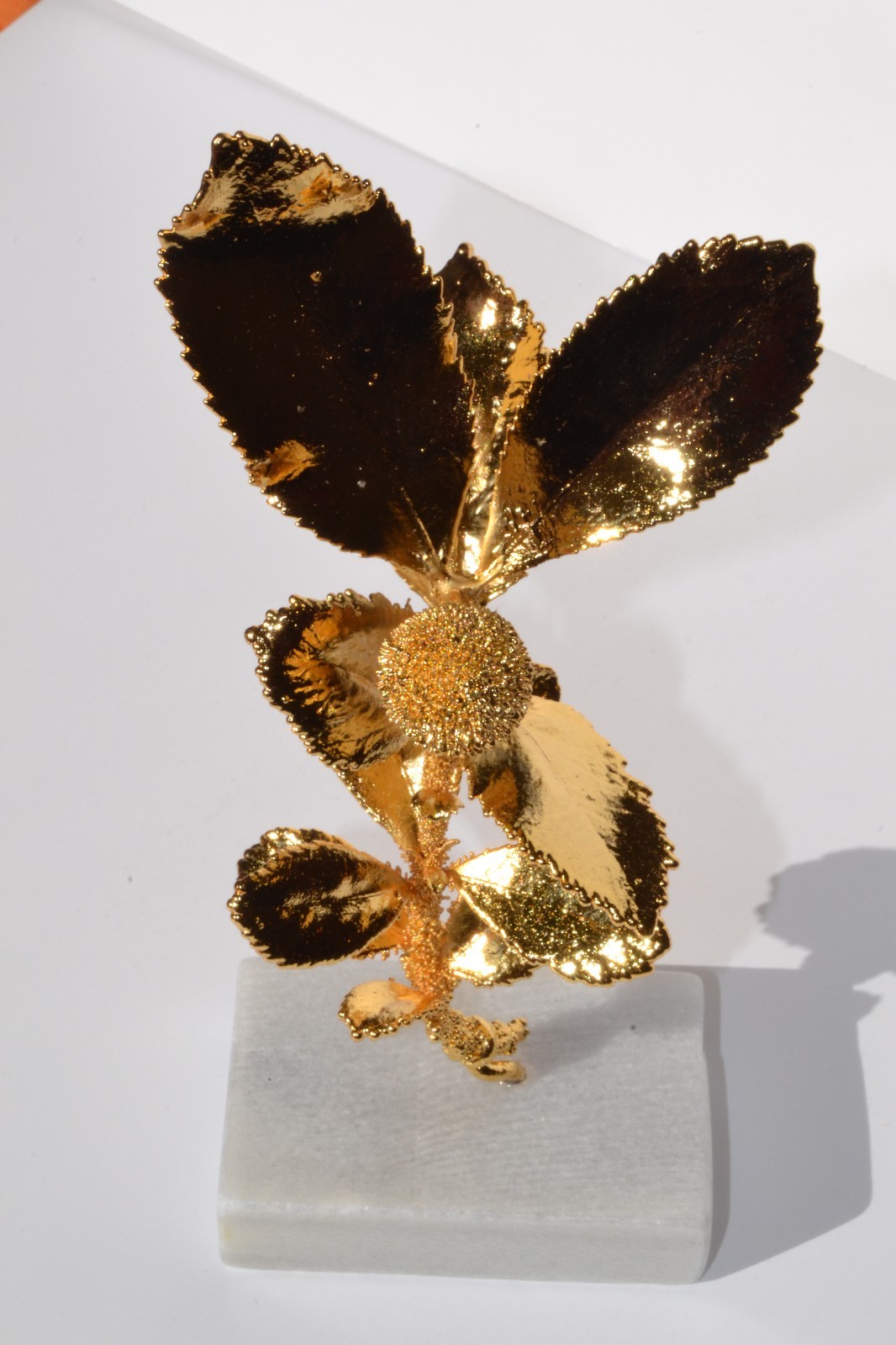 Decorative Real Natural Arbutus Unedo Handmade 24kt Gold Plated on Marble Base